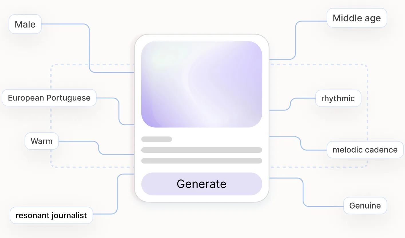 Voice Design — descriptive tags like gender, age, tone, and language flowing into a generated voice card